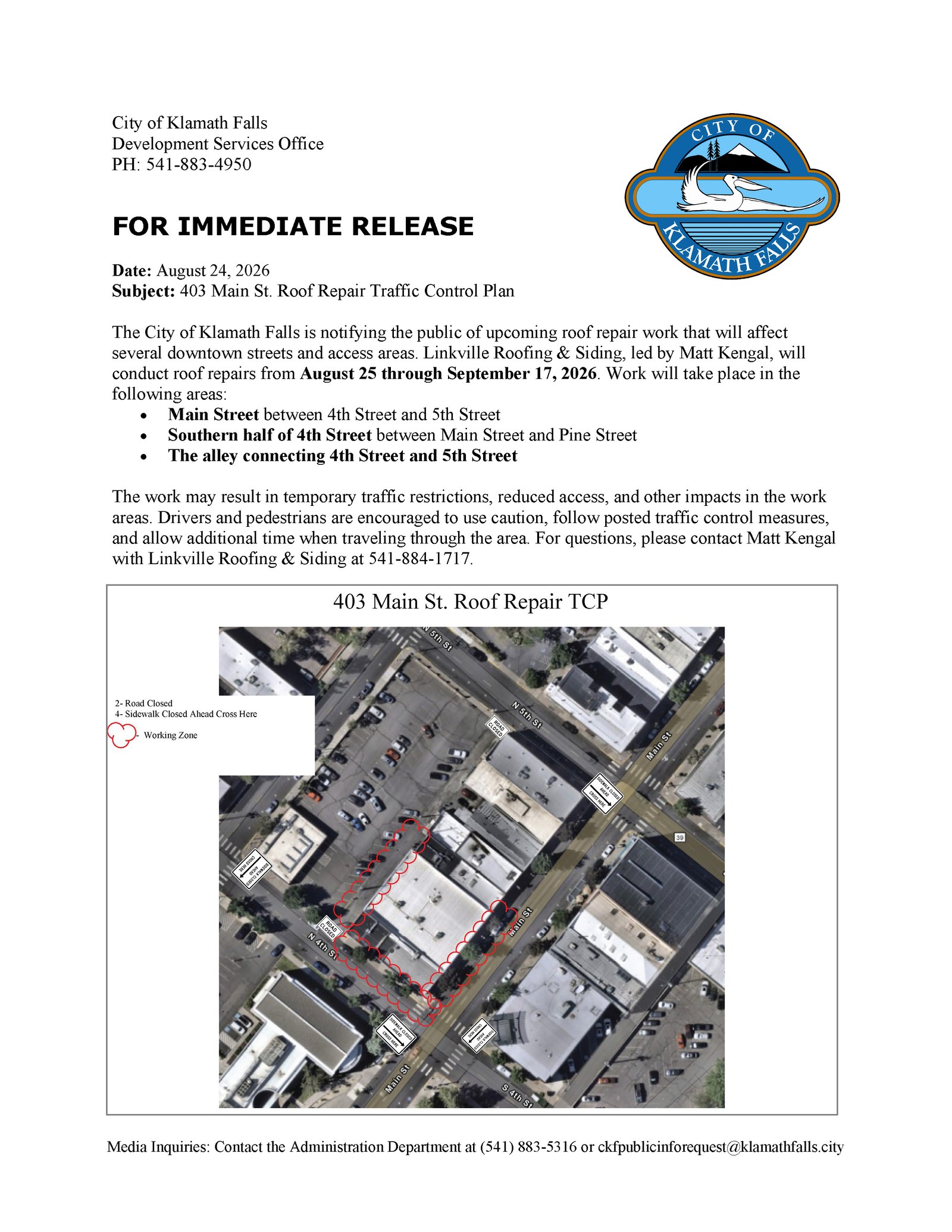 Press Release   403 Main St. Roof Repair Traffic Control Plan
