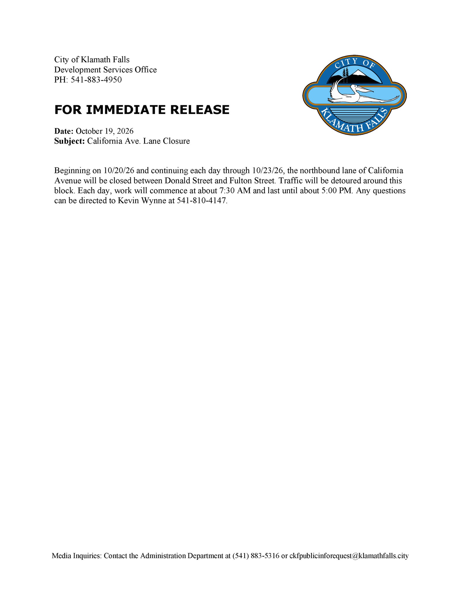 Press Release   California Ave. Lane Closure