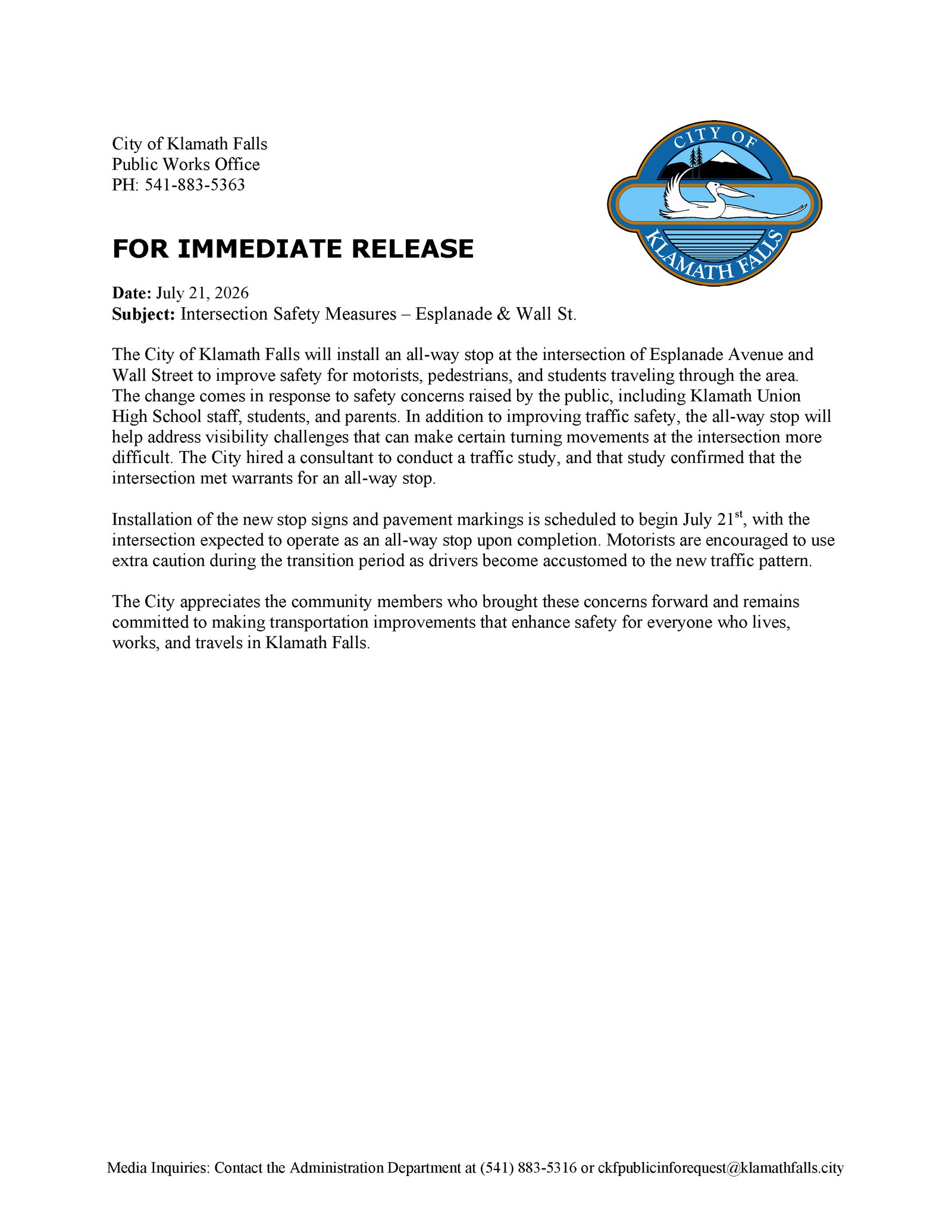 Press Release   Esplanade and Wall St. Intersection Changes