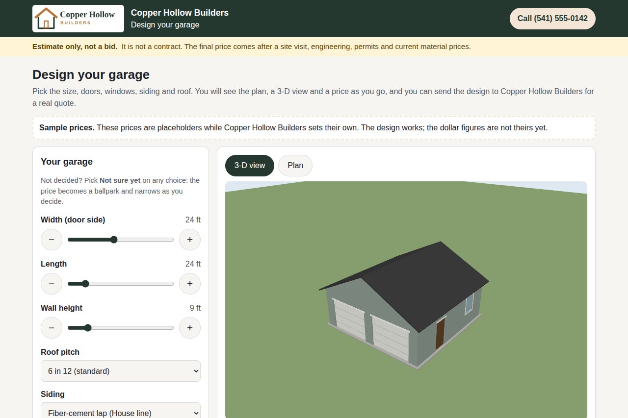 A garage taking shape in the project designer, on our sample contractor site