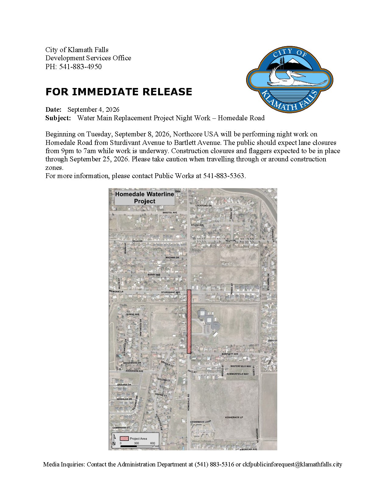 Press Release   Homedale Watermain Night Work
