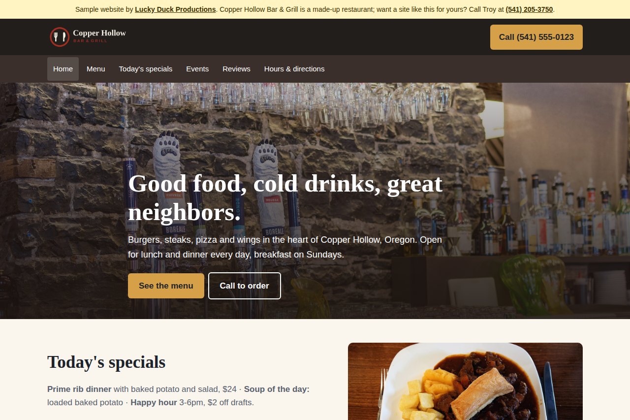 A sample restaurant website with today's specials, menu, reviews and hours