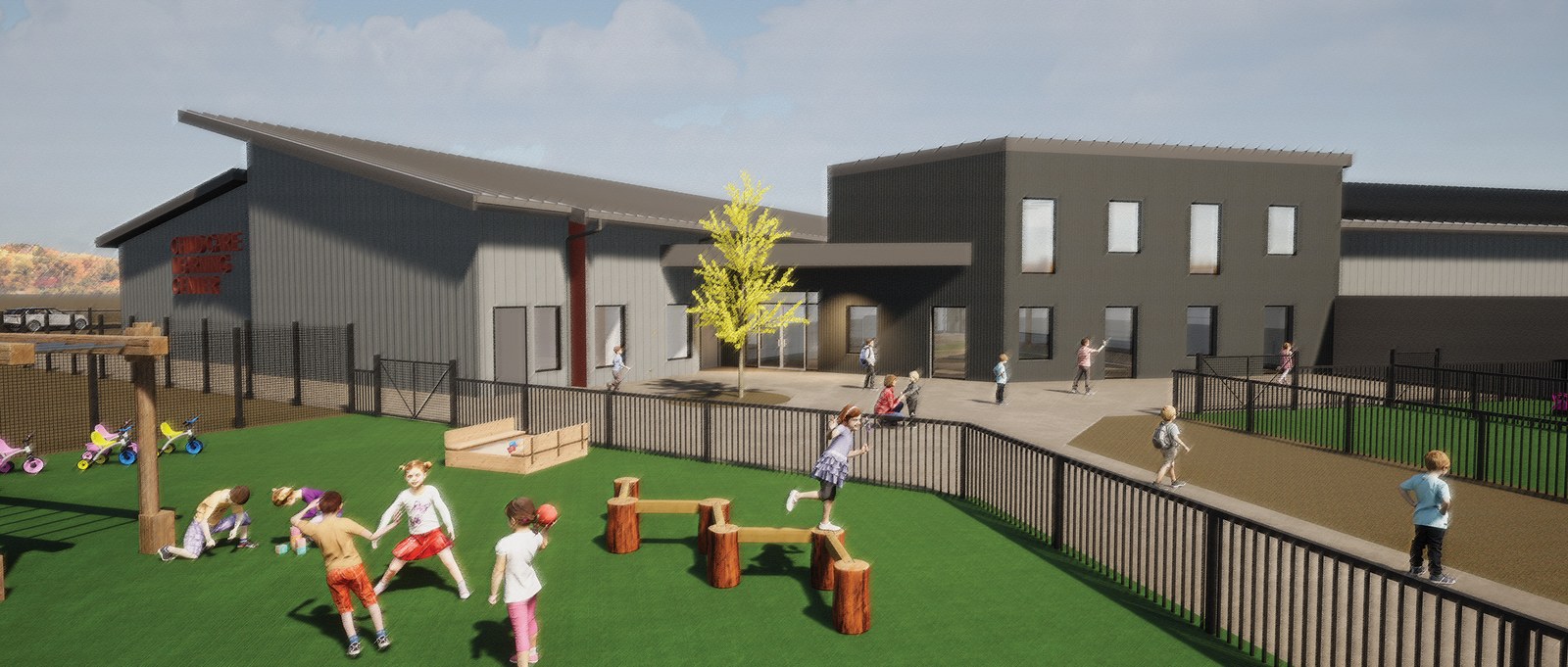 Architectural rendering of the KCC Childcare Learning Center, now under construction on the KCC campus and slated to open in 2027. (Courtesy PIVOT Architecture)