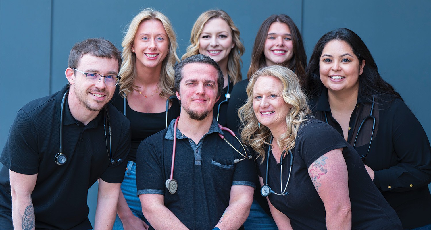 Klamath Community College Licensed Practical Nurses earned 100% graduation success in 2026. From left: Christopher Cain, Makayla Mitchel, Claire Hulbert, Kalyee Mabou, Kylee Witcraft; center: Cody Waltman-Weimann and Shawna Volkoff. (Caleb Herrera/KCC photo)