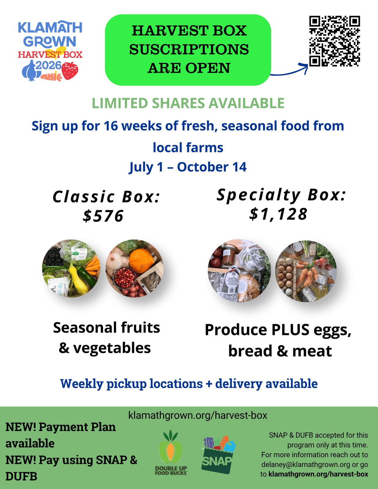 Klamath Grown's 2026 Harvest Box — a 16-week multi-farm CSA running July 1 through October 14