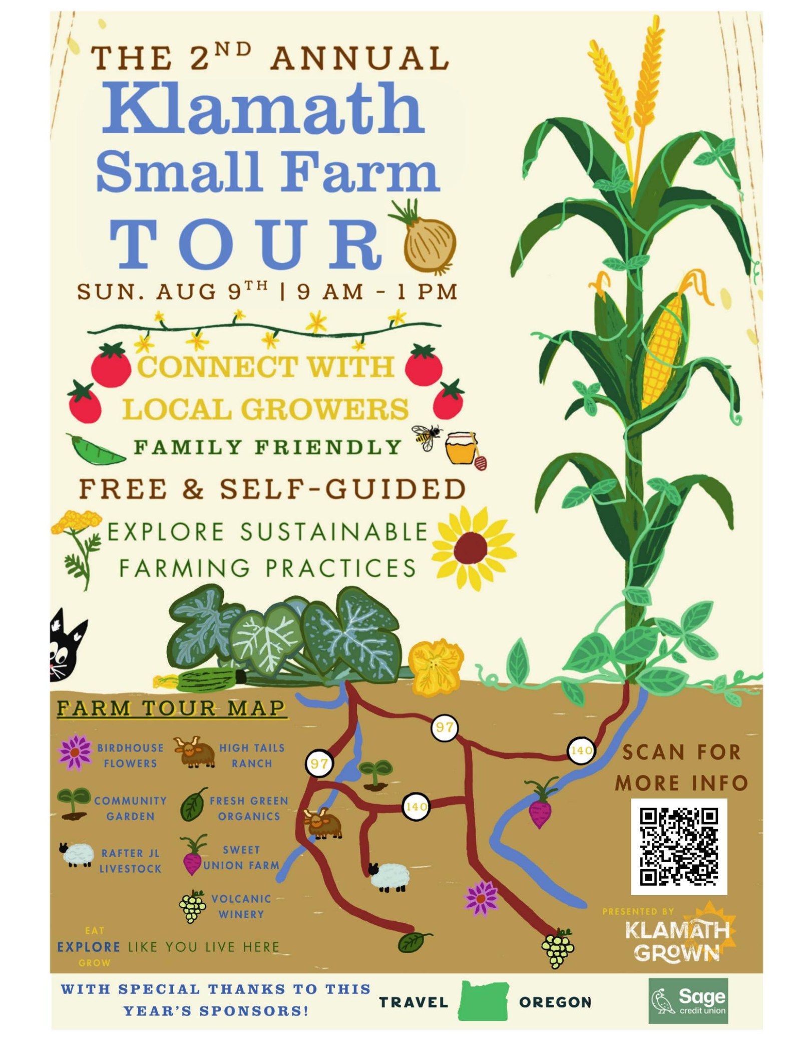 The 2026 Klamath Small Farm Tour poster, illustrated by local artist Cassidy Quistorff.