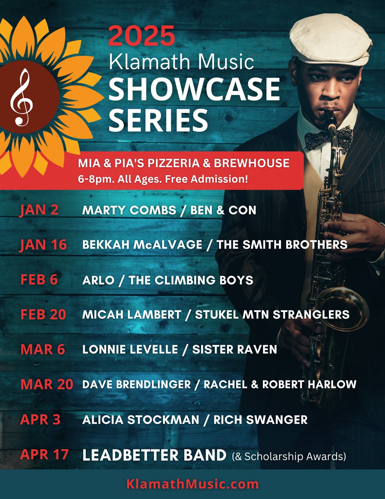 Klamath Music's 2025 Showcase Series — free Thursday-night performances at Mia & Pia's Pizzeria & Brewhouse