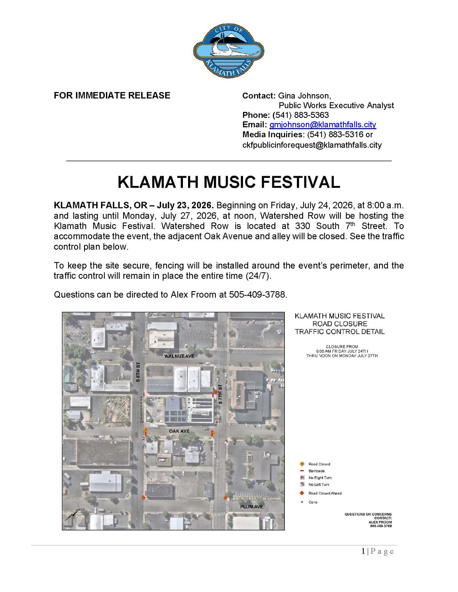 Press Release   Klamath Music Festival Road Closure