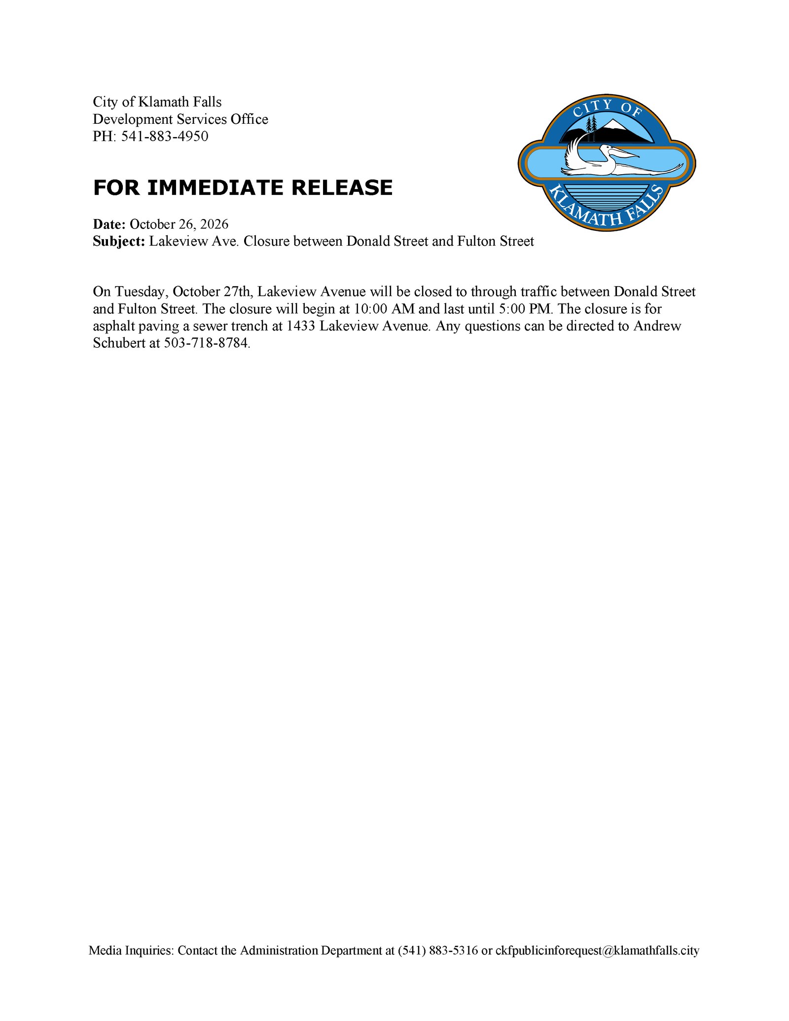 Press Release   Lakeview Ave. Closure