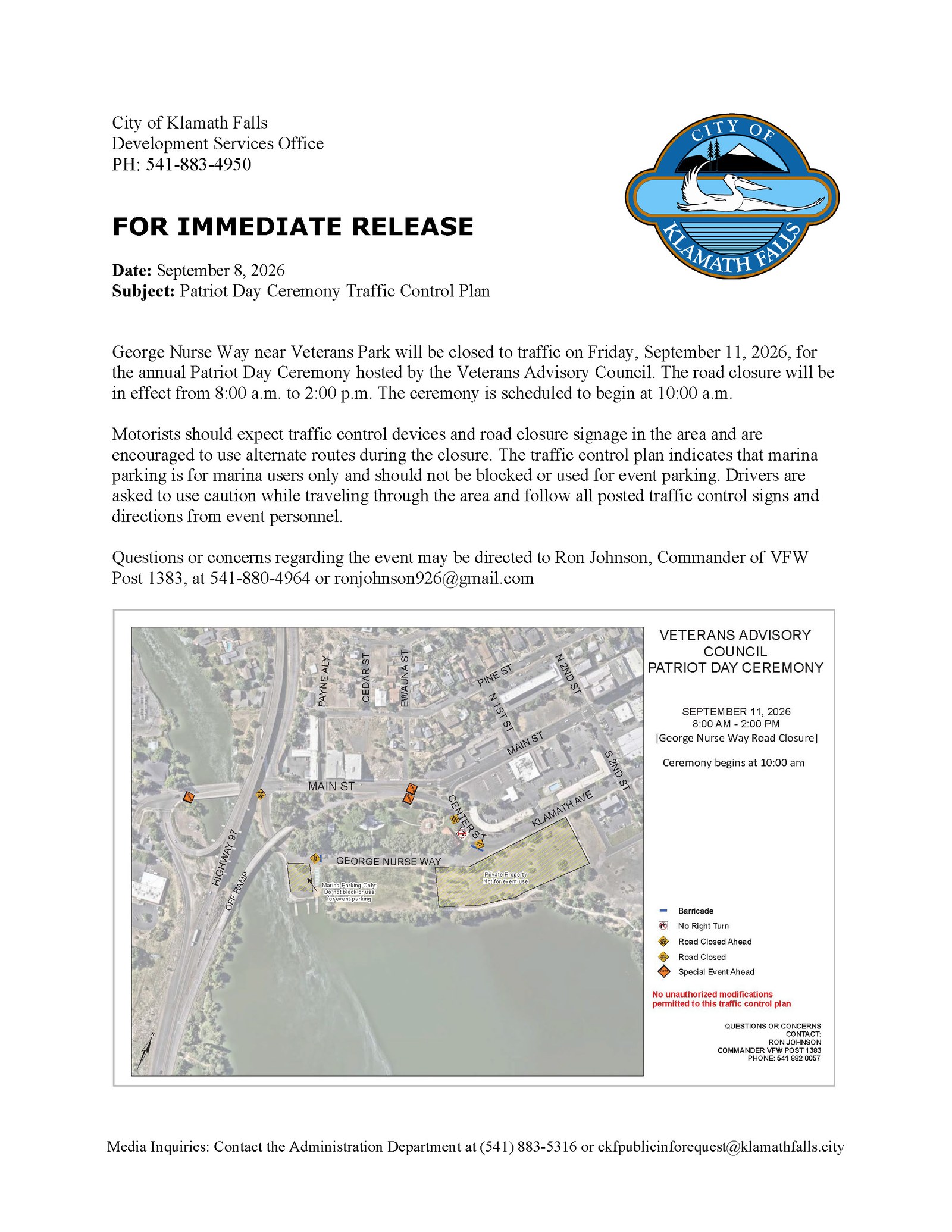 Press Release   Patriot Day Ceremony Traffic Control Plan