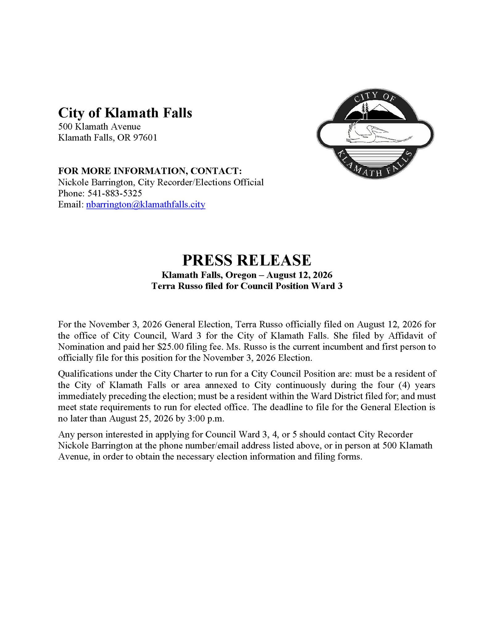 Press Release Announcing 2026 Ward 3 Filing Russo