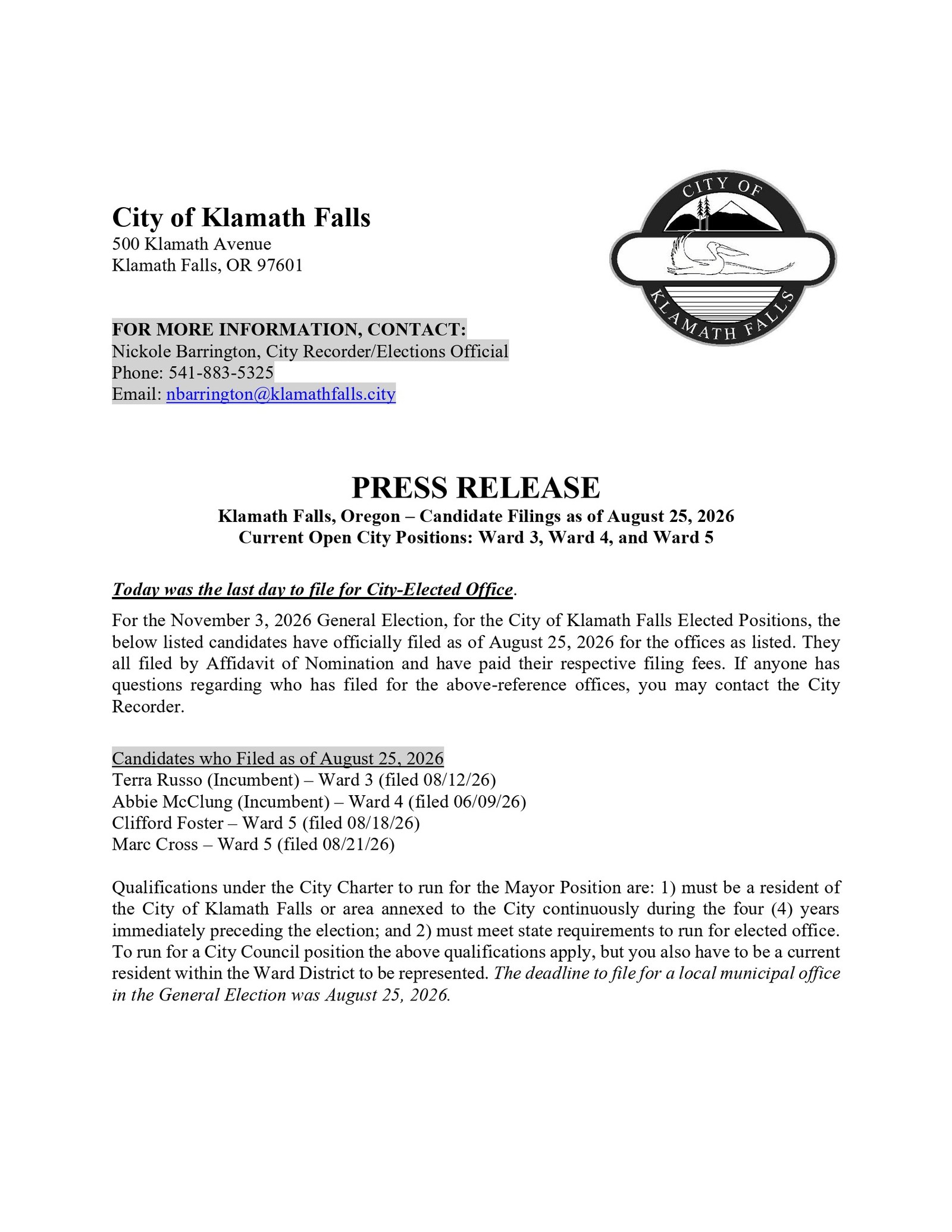 Press Release Announcing Filings as of 082526 page 1