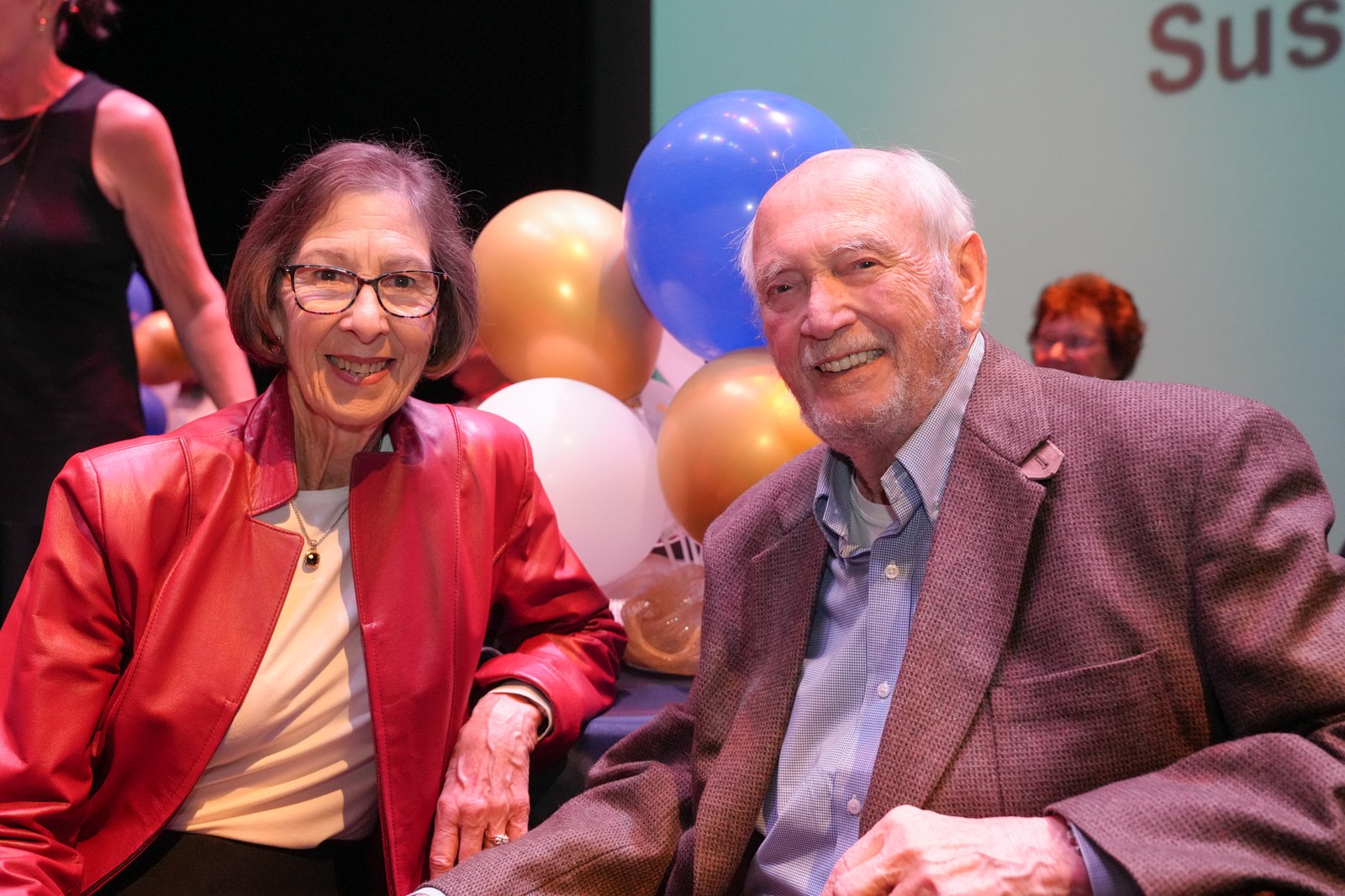 Susan and Jerry Freschi at the Ragland Rife Foundation reception in their honor on the Ross Ragland Theater stage.