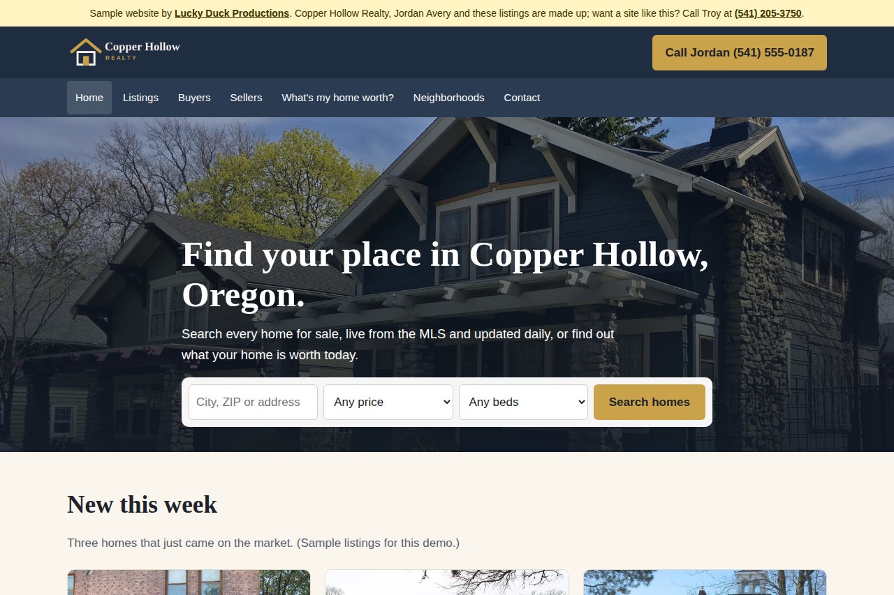 A sample realtor website with live listings and a free home-value request