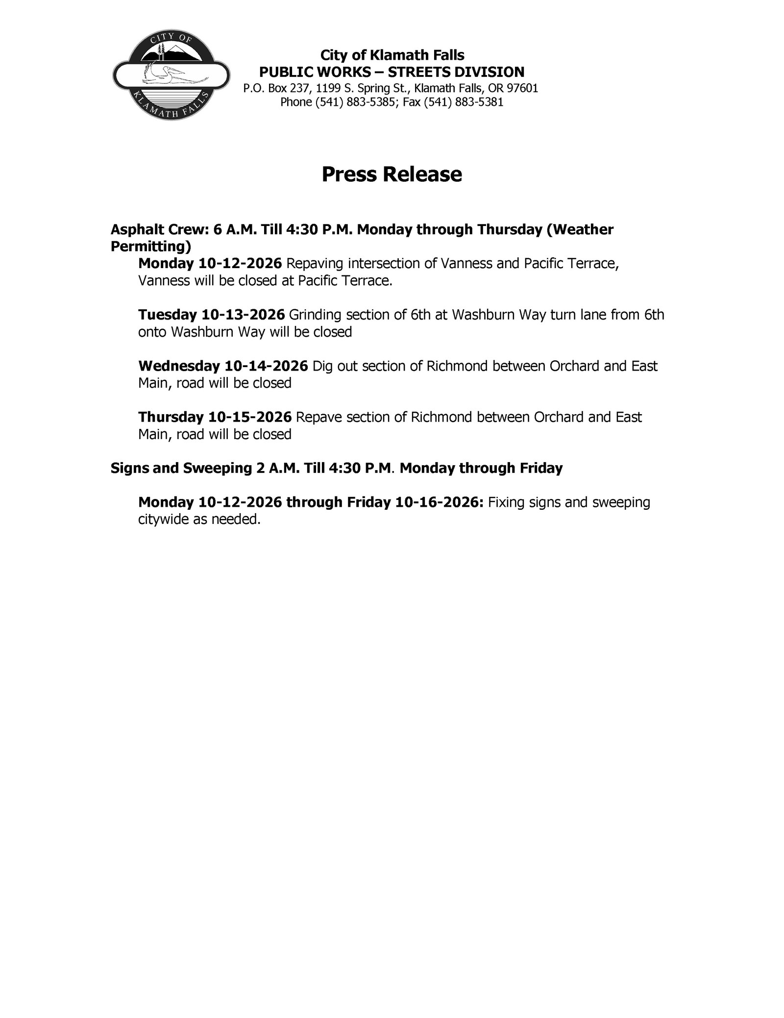 Press Release   Street Work Week of 10.12.2026