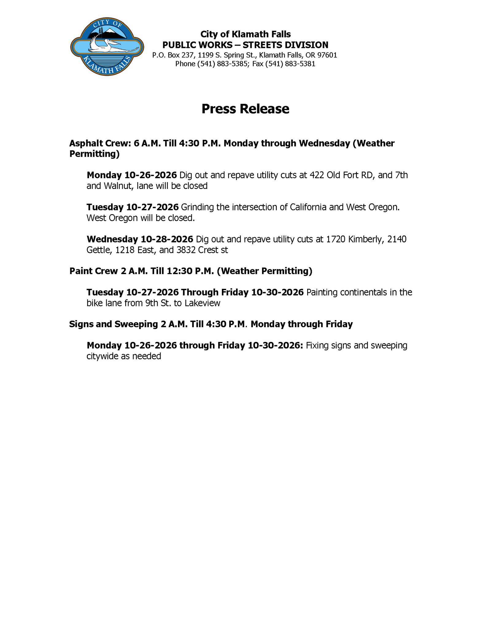 Press Release   Street Work Week of 10.26.2026