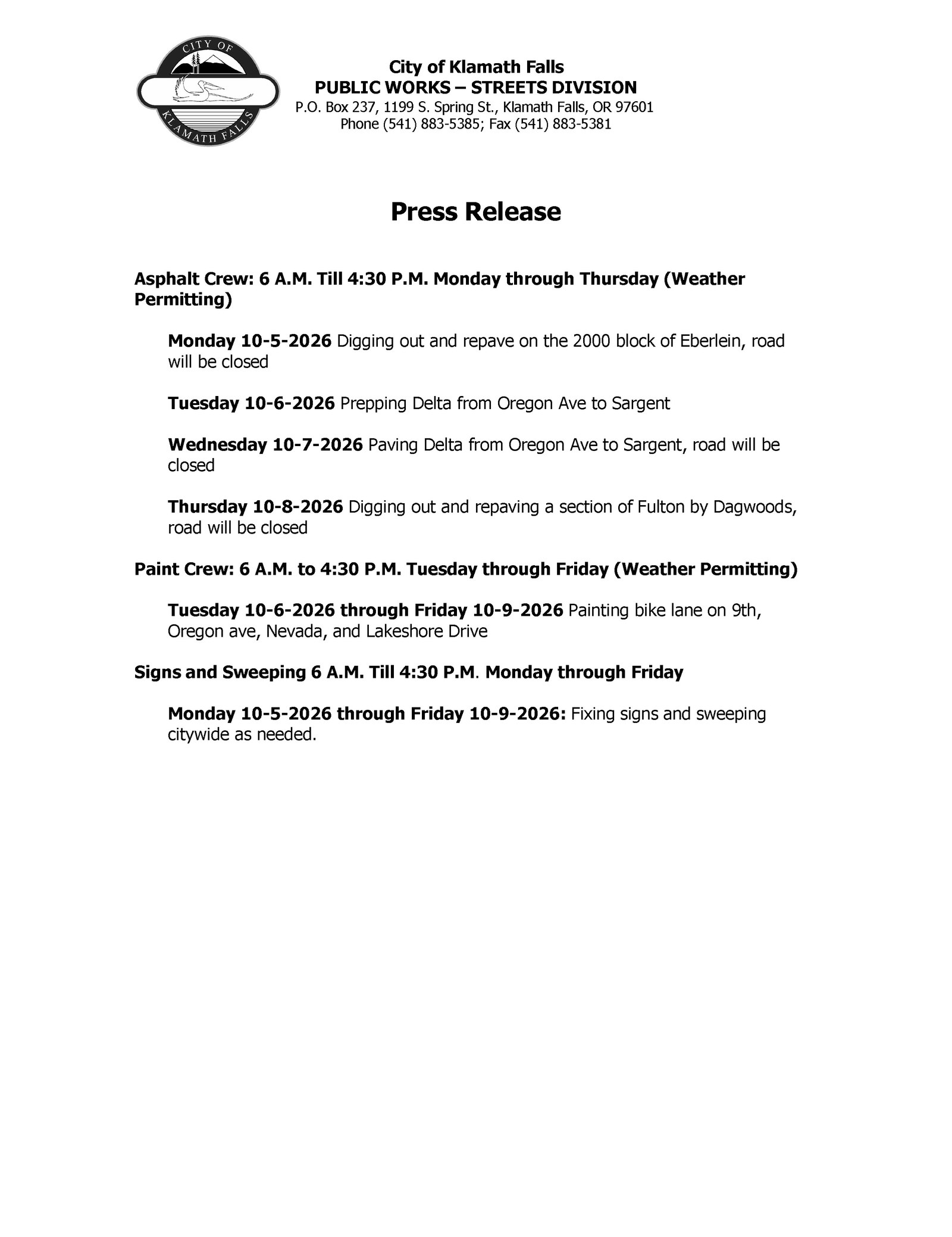 Press Release   Street Work Week of 10.5.2026
