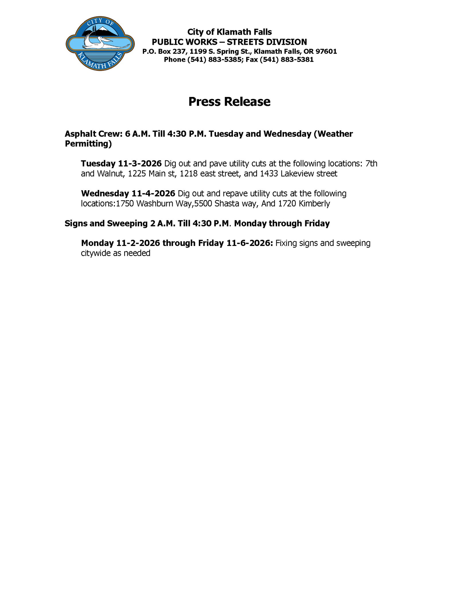 Press Release   Street Work Week of 11.02.2026