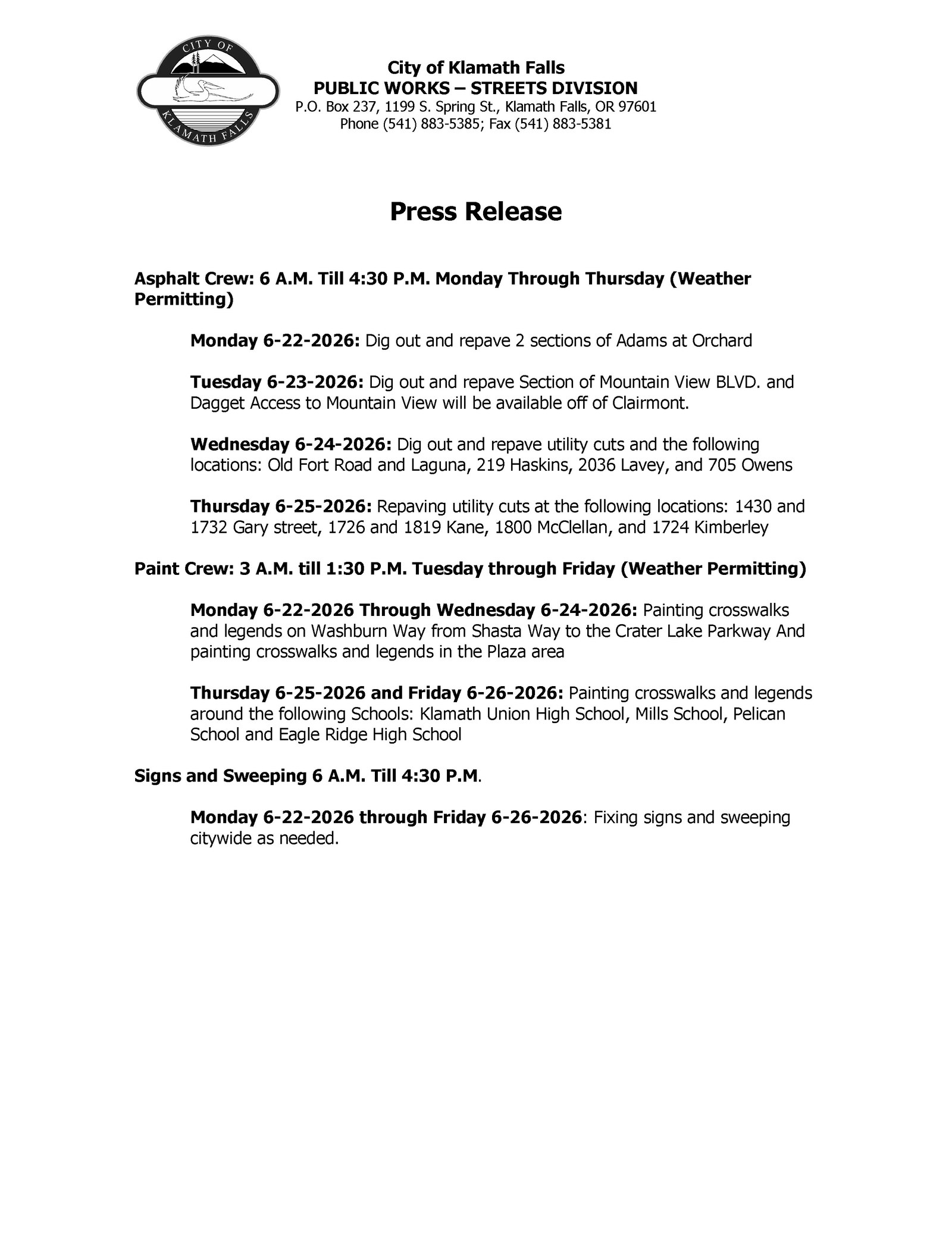 Press Release   Street Work Week of 6.22.2026
