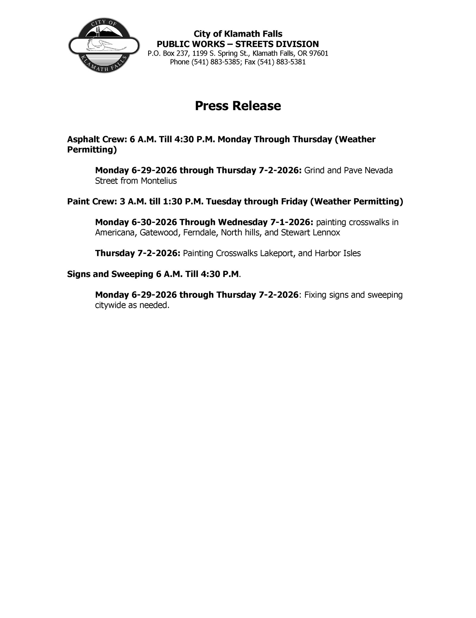Press Release   Street Work Week of 6.29.2026