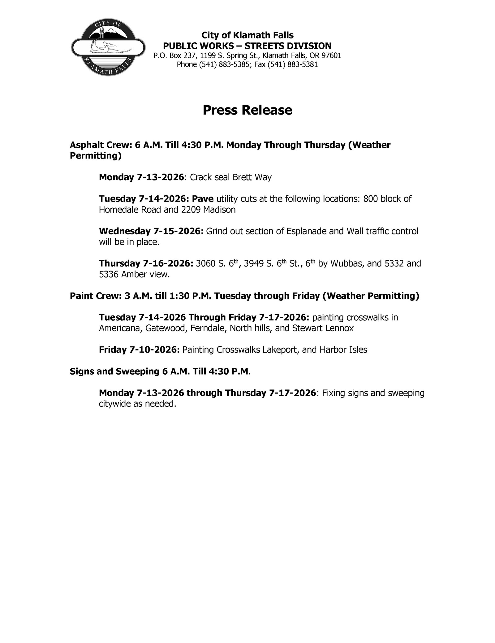 Press Release   Street Work Week of 7.13.2026