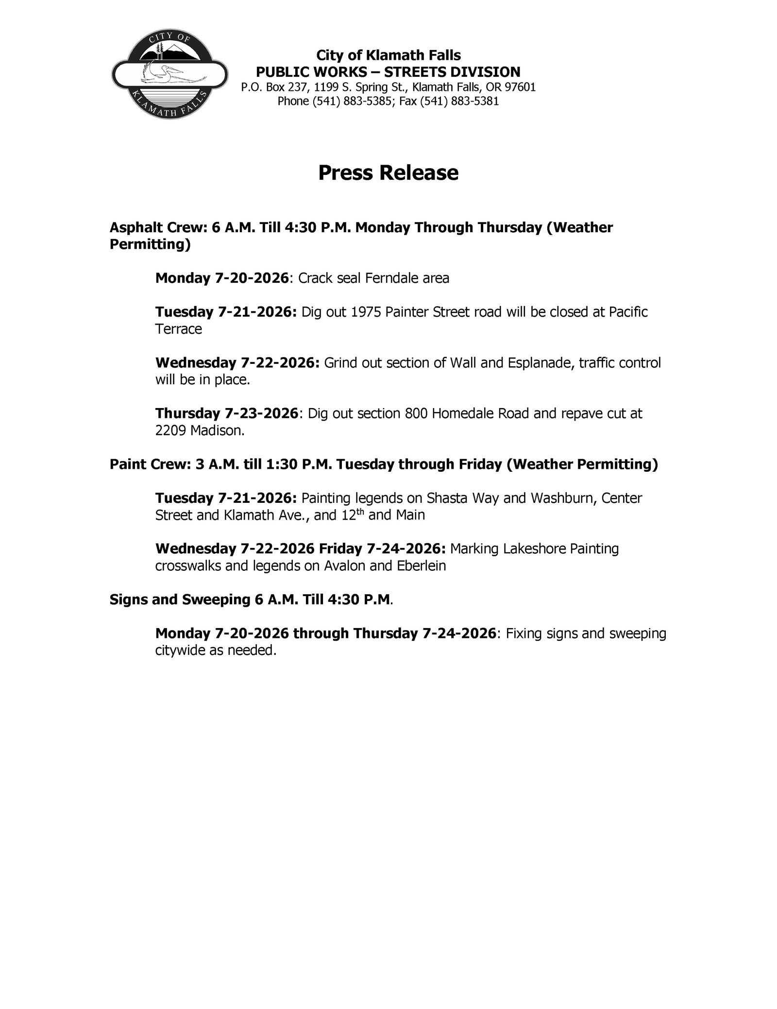 Press Release   Street Work Week of 7.20.2026