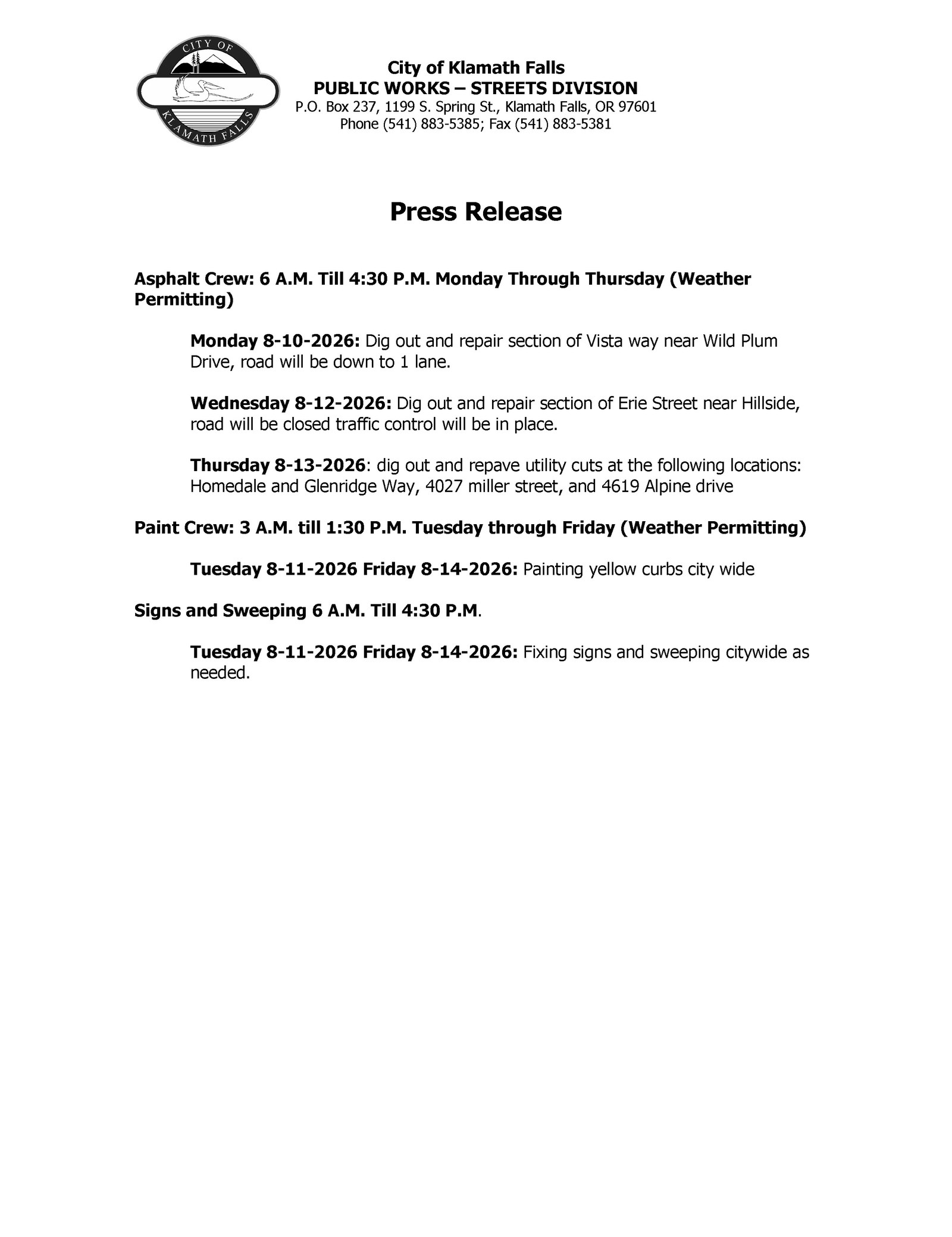 Press Release   Street Work Week of 8.10.2026