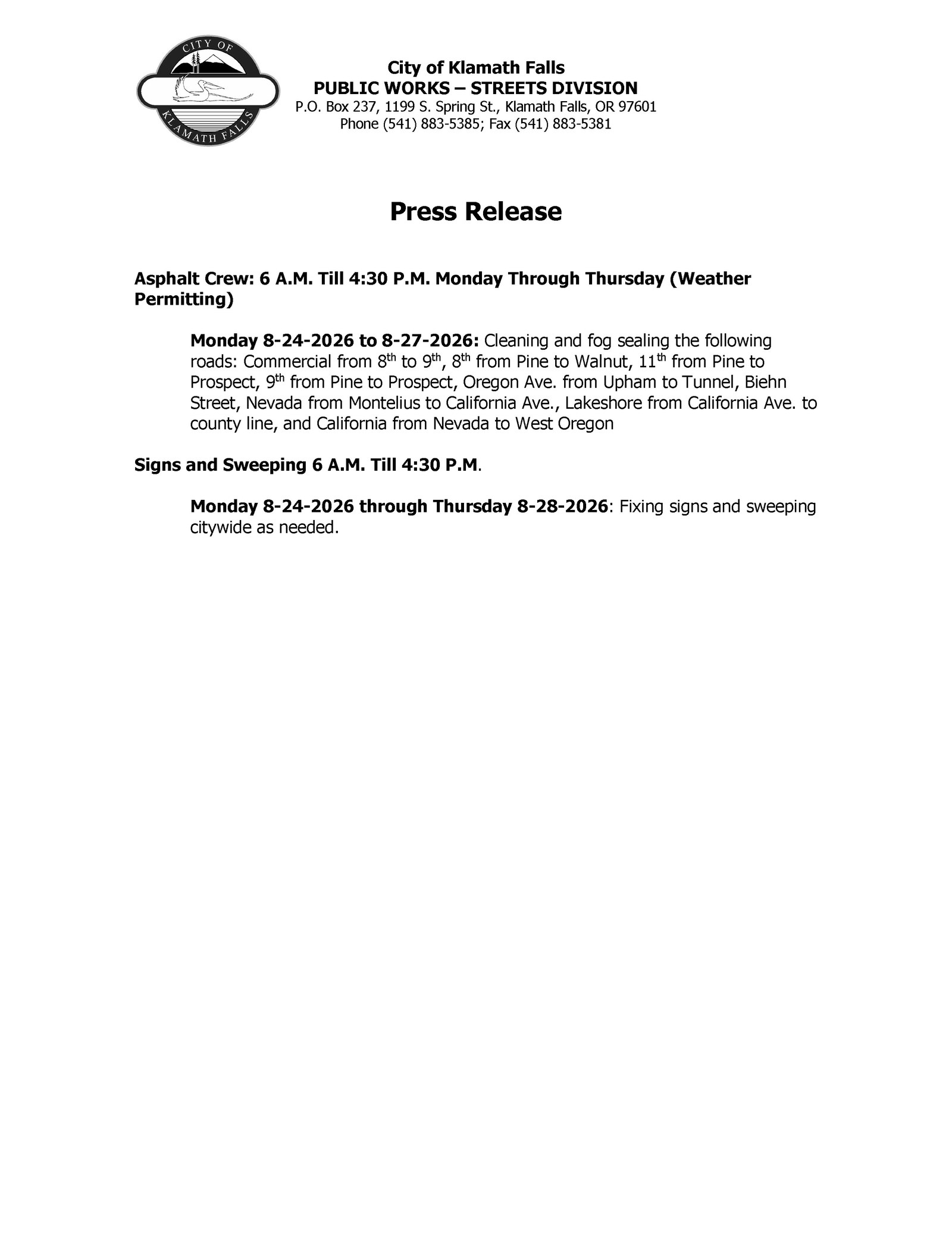 Press Release   Street Work Week of 8.24.2026