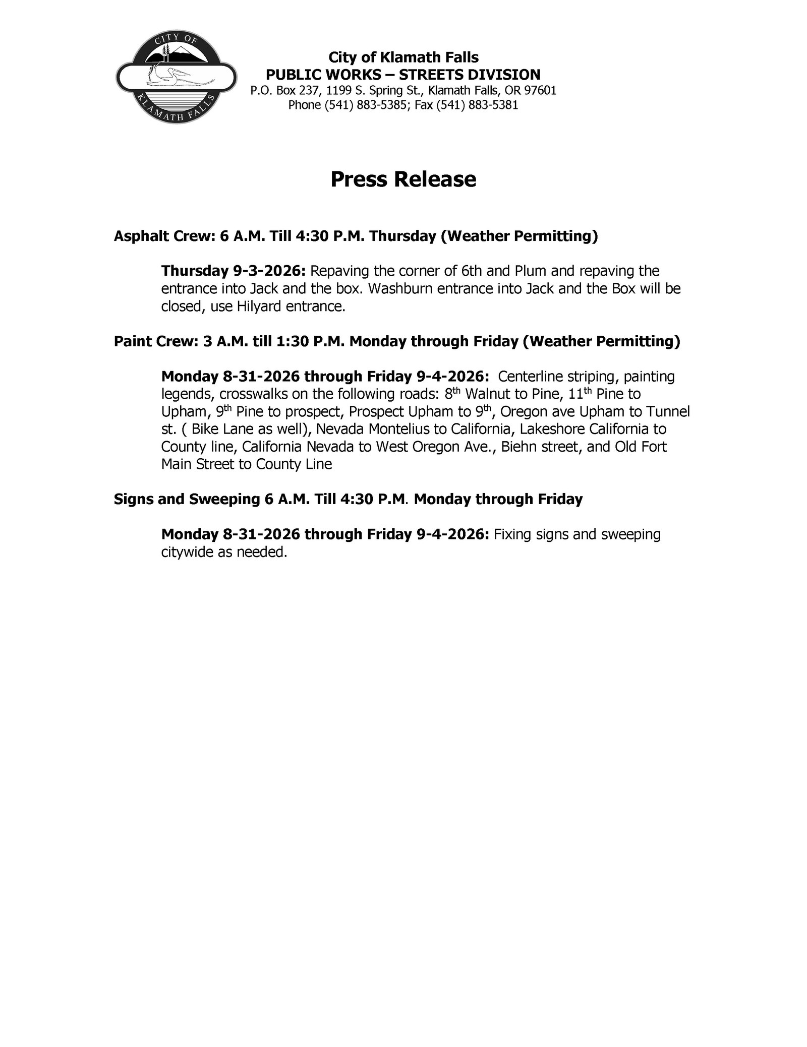 Press Release   Street Work Week of 8.31.2026