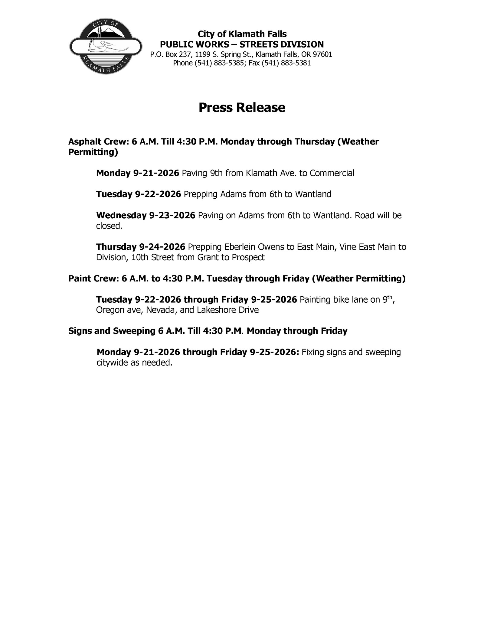 Press Release   Street Work Week of 9.21.2026