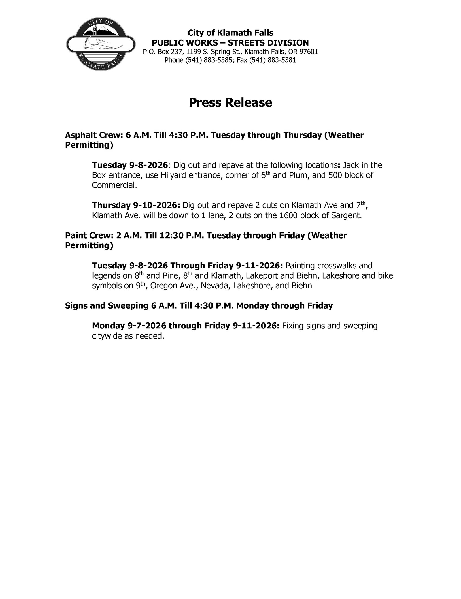Press Release   Street Work Week of 9.7.2026
