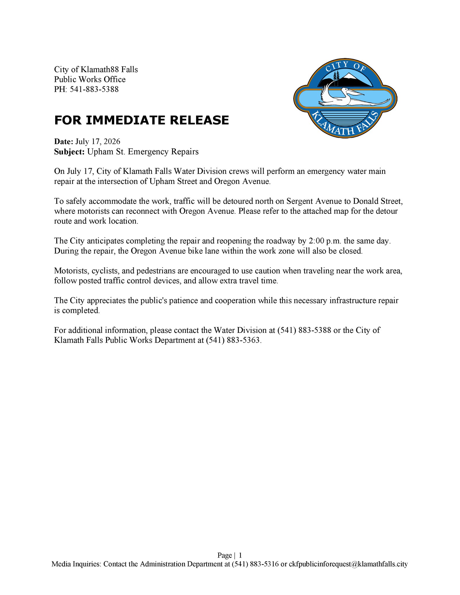 Press Release   Upham St. Emergency Repairs