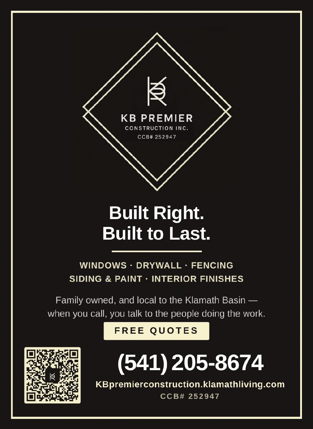 KB Premier Construction advertisement in Klamath Living