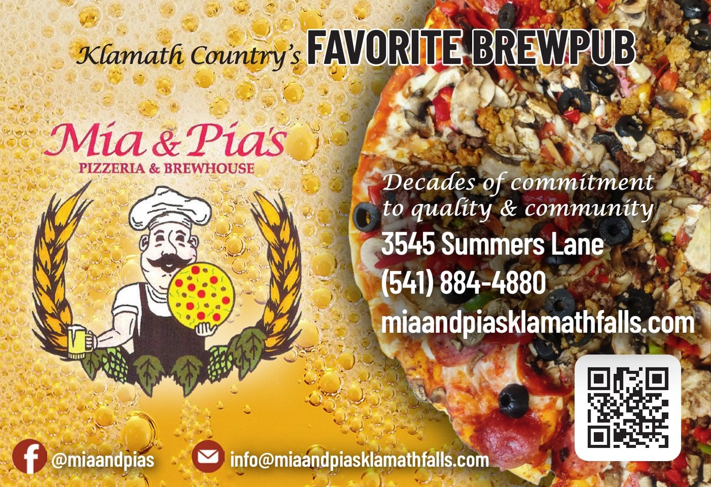 Mia & Pia's Pizzeria & Brewhouse advertisement in Klamath Living