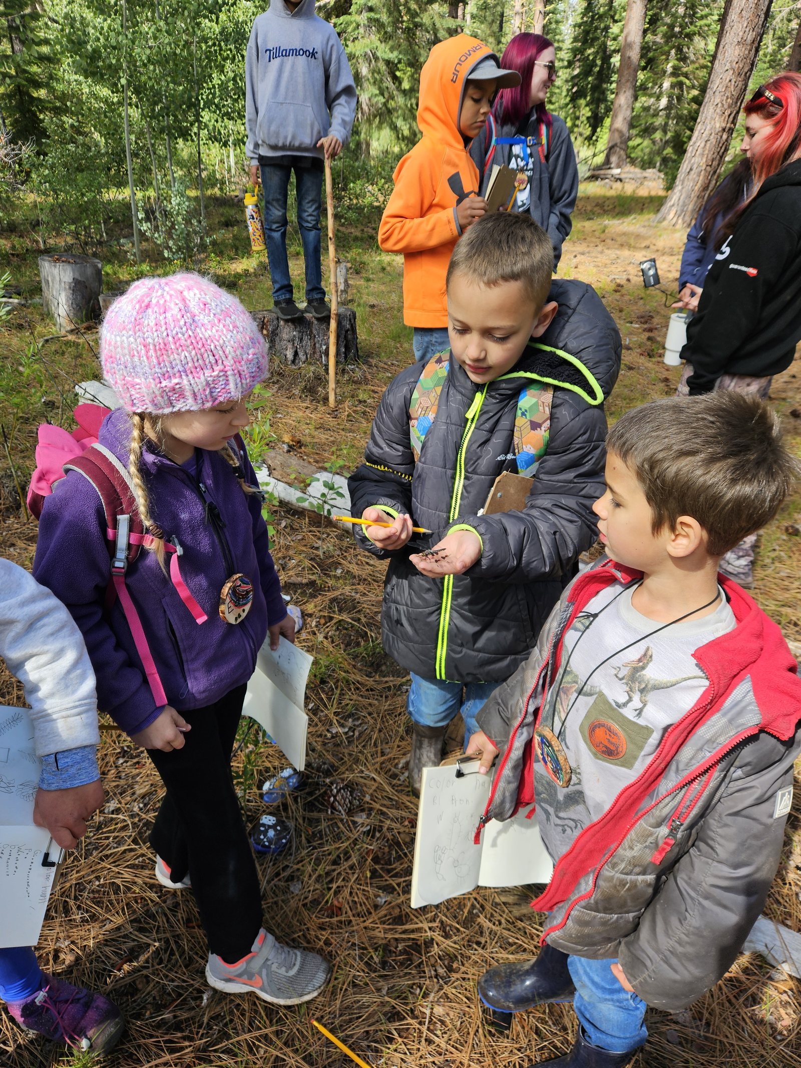 Campers observe a dragonfly caught at camp