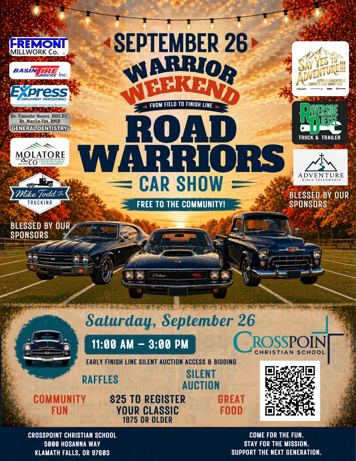 Road Warriors Car Show flyer — Saturday, September 26, 11 a.m. to 3 p.m. at Crosspoint Christian School, 5000 Hosanna Way, Klamath Falls