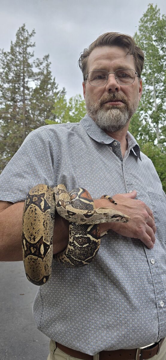 The publisher's new accessory: James's largest snake wraps a wrist