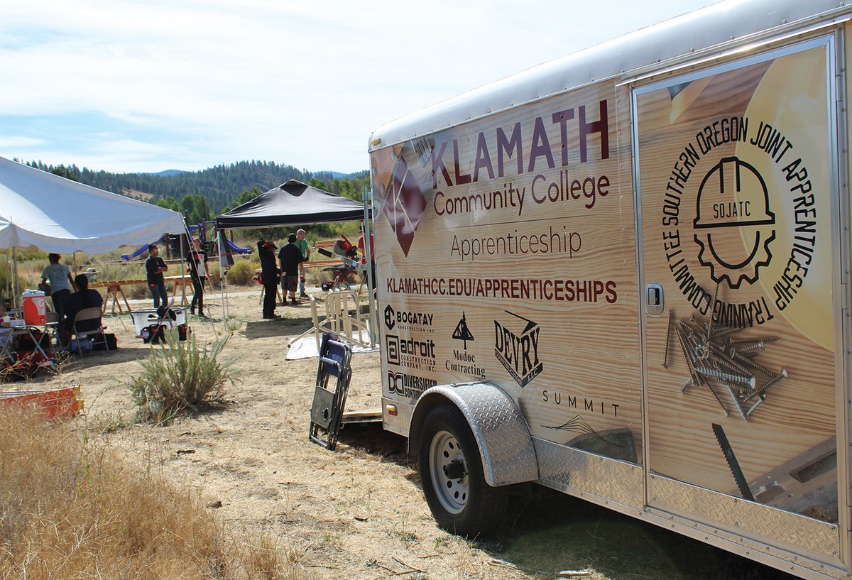 Klamath Community College Apprenticeship program trailer parked at the outdoor training site in Chiloquin