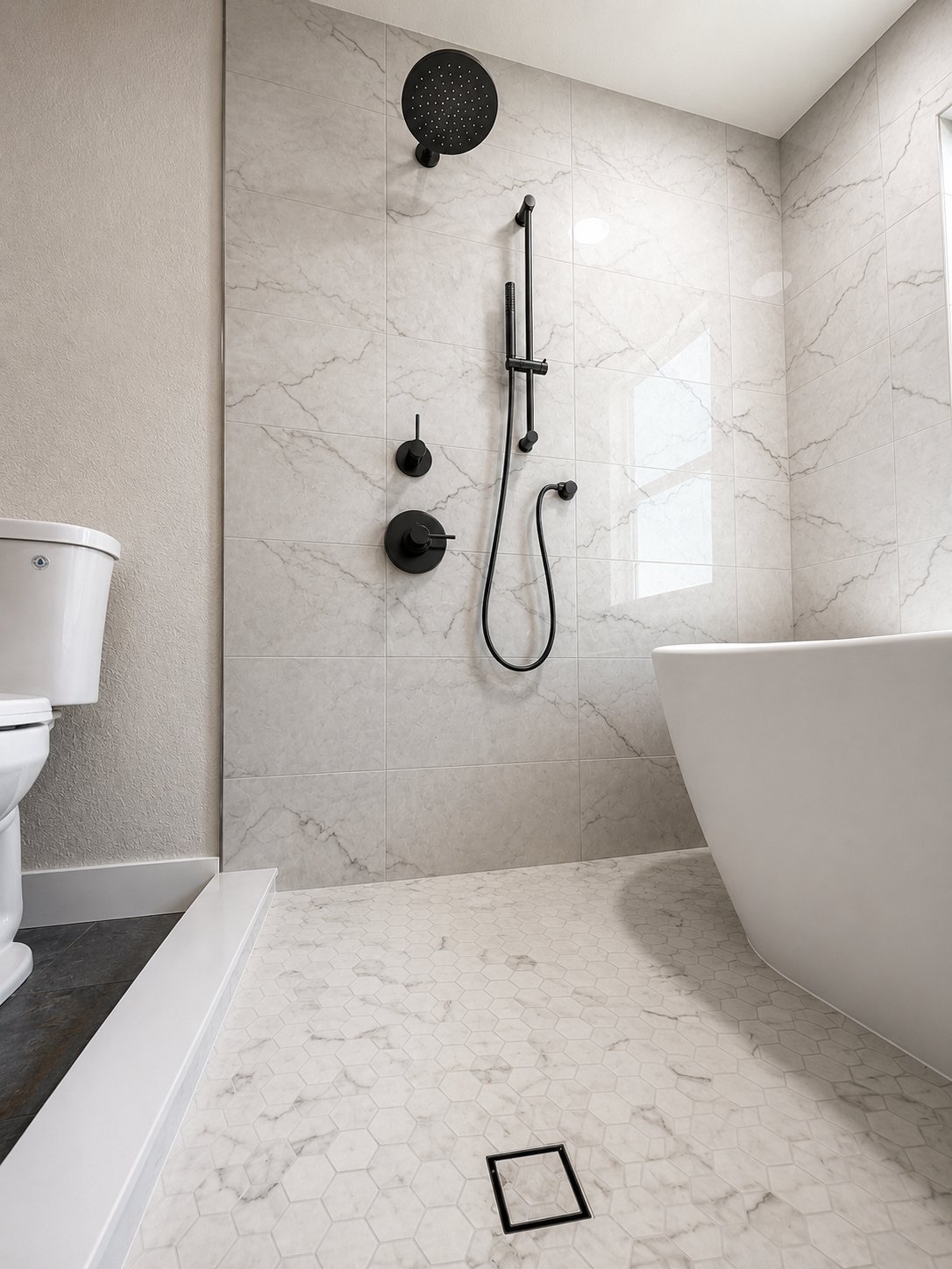 Bathroom remodel: walk-in shower with matte black fixtures