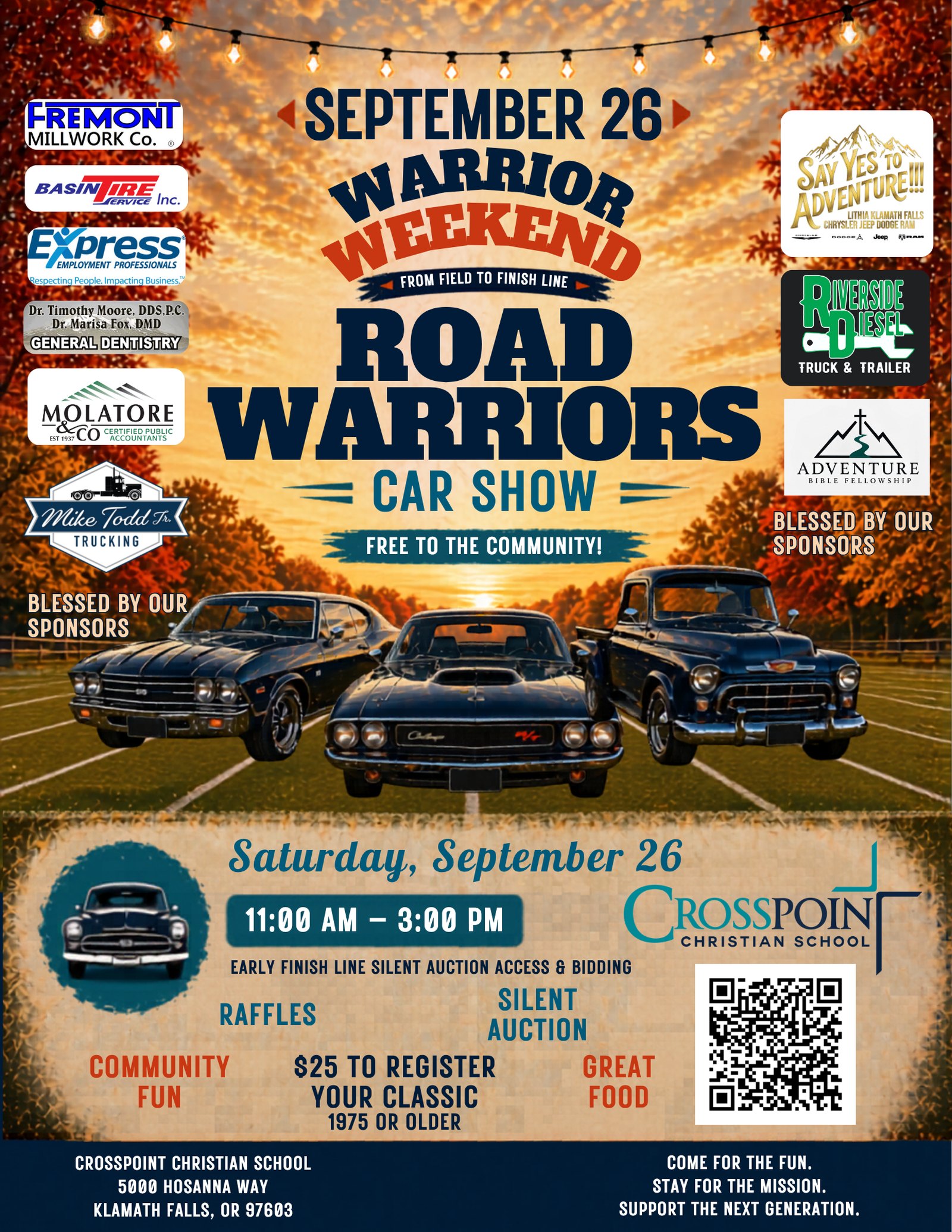 Road Warriors Car Show flyer — Saturday, September 26, 11 a.m. to 3 p.m. at Crosspoint Christian School, Klamath Falls