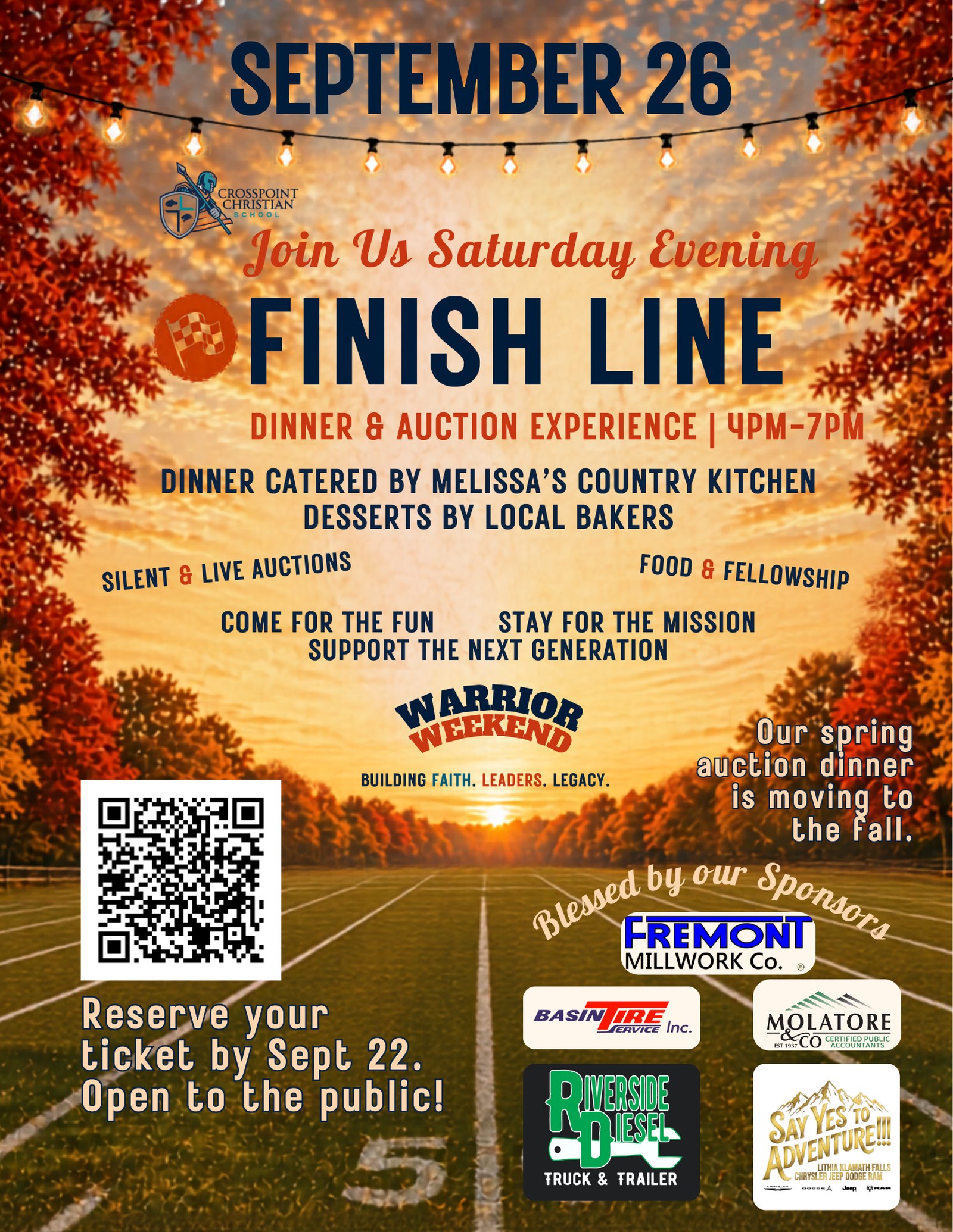 Finish Line dinner and auction flyer — Saturday, September 26, 4 to 7 p.m. at Crosspoint Christian School, Klamath Falls